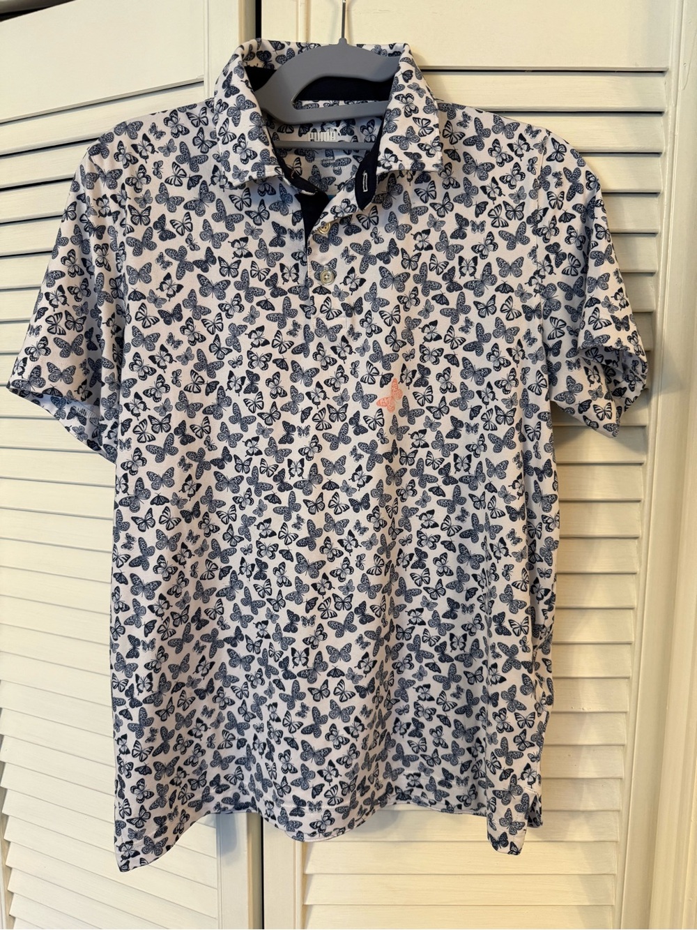 Puma White Polo with Navy Butterfly Print